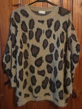 Altar’d State Sweater Women M/L Tan/Brown/Black Fuzzy Knit Leopard Animal Print